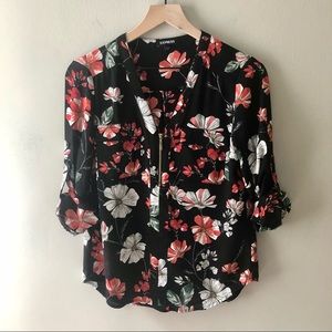 EXPRESS Long Sleeve Floral Blouse with Zipper Front